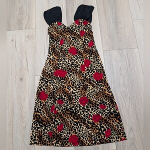Leopard Animal Print Mob Wife Rose Floral Y2K Vintage Slinky Dress Size L